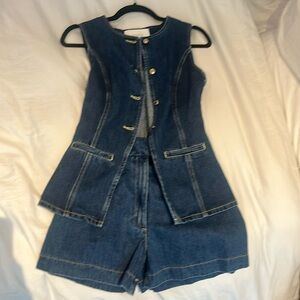 Mesh ski matching denim vest set with shorts